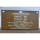 An oak admission price sign