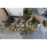 Two boxes of assorted brass and copperware