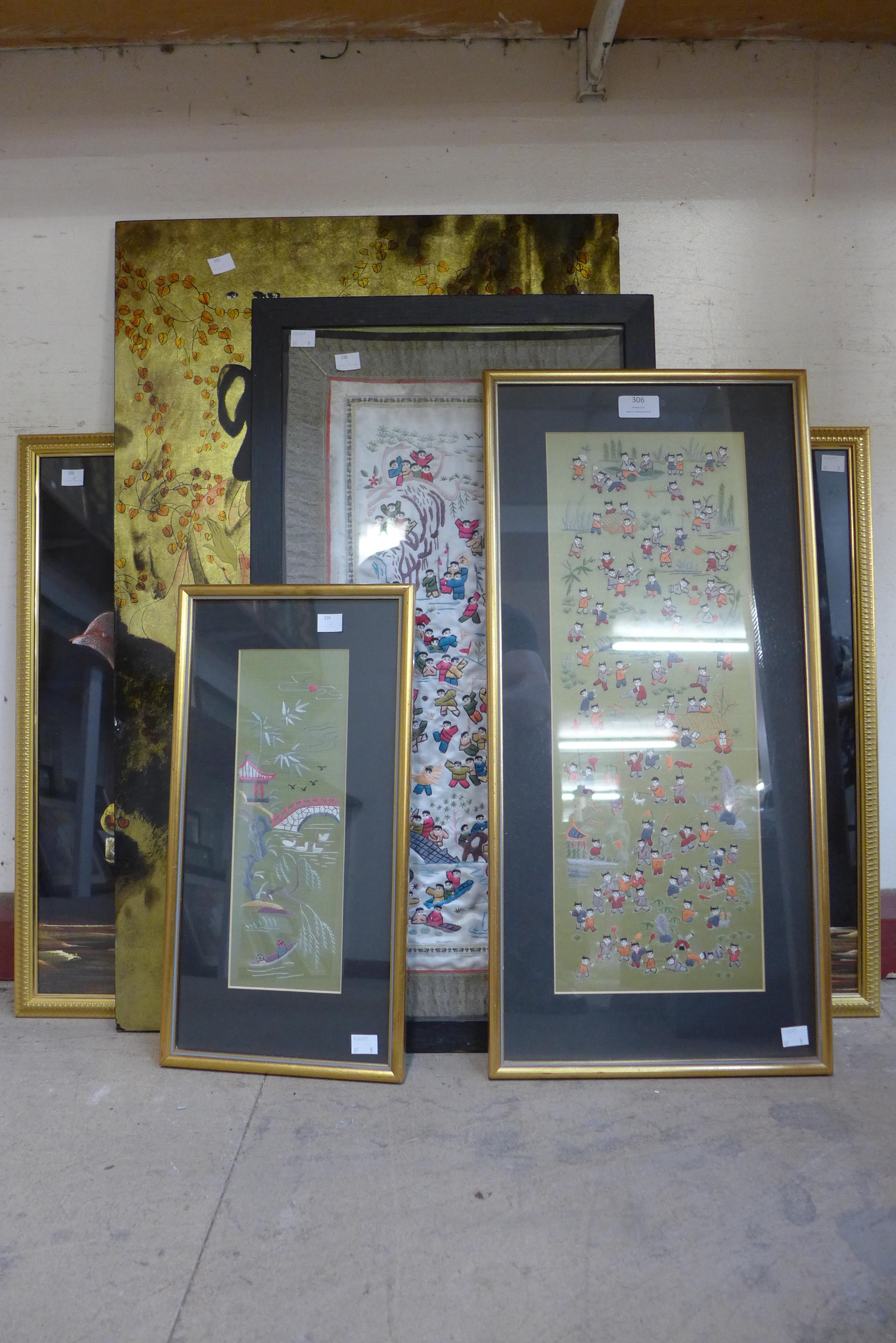 Three Chinese silk pictures, a print and an Indian painting on linen, framed