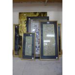Three Chinese silk pictures, a print and an Indian painting on linen, framed