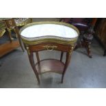 A French Louis XV style inlaid mahogany, gilt metal mounted and marble topped kidney shaped gueridon