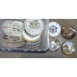 A box of mixed decorative china including Royal Cream ware, ten Mason's Christmas plates, eight