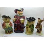 A Royal Doulton Toby jug, Sir John Falstaff, two other Toby jugs and a Russian model of a bear