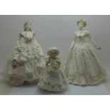 Three Royal Worcester figures, Royal Debut and Sweetest Valentine, both limited edition and Katie