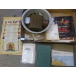 Militaria; WWII water bottle, field kitchen bowl and soap box, beret, uniform buttons, maps, books