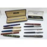 Twelve fountain pens, eight with gold nibs, including three Parker 51's, Burnham B48, Sheaffer,