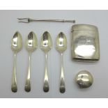 Silver including four Georgian tea spoons, a pill box, cigarette case, etc., 130g