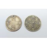 Two silver Queen Anne shillings, both dated 1707, one drilled