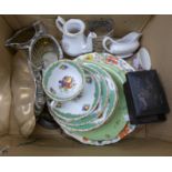 A box of mixed china, plated ware and brassware, etc. **PLEASE NOTE THIS LOT IS NOT ELIGIBLE FOR