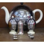 An insulated teapot and egg cups, five silver plated bean spoons and a pepper pot