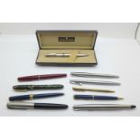 A collection of pens and fountain pens including Parker and a boxed Sheaffer ballpoint pen