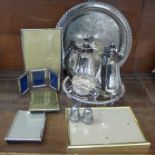 Two silver plated trays, two plated teapots and two plated salts, a collection of photograph