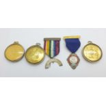 Three Masonic medals with silver mounts, a silver fob and one other ribbon with silver