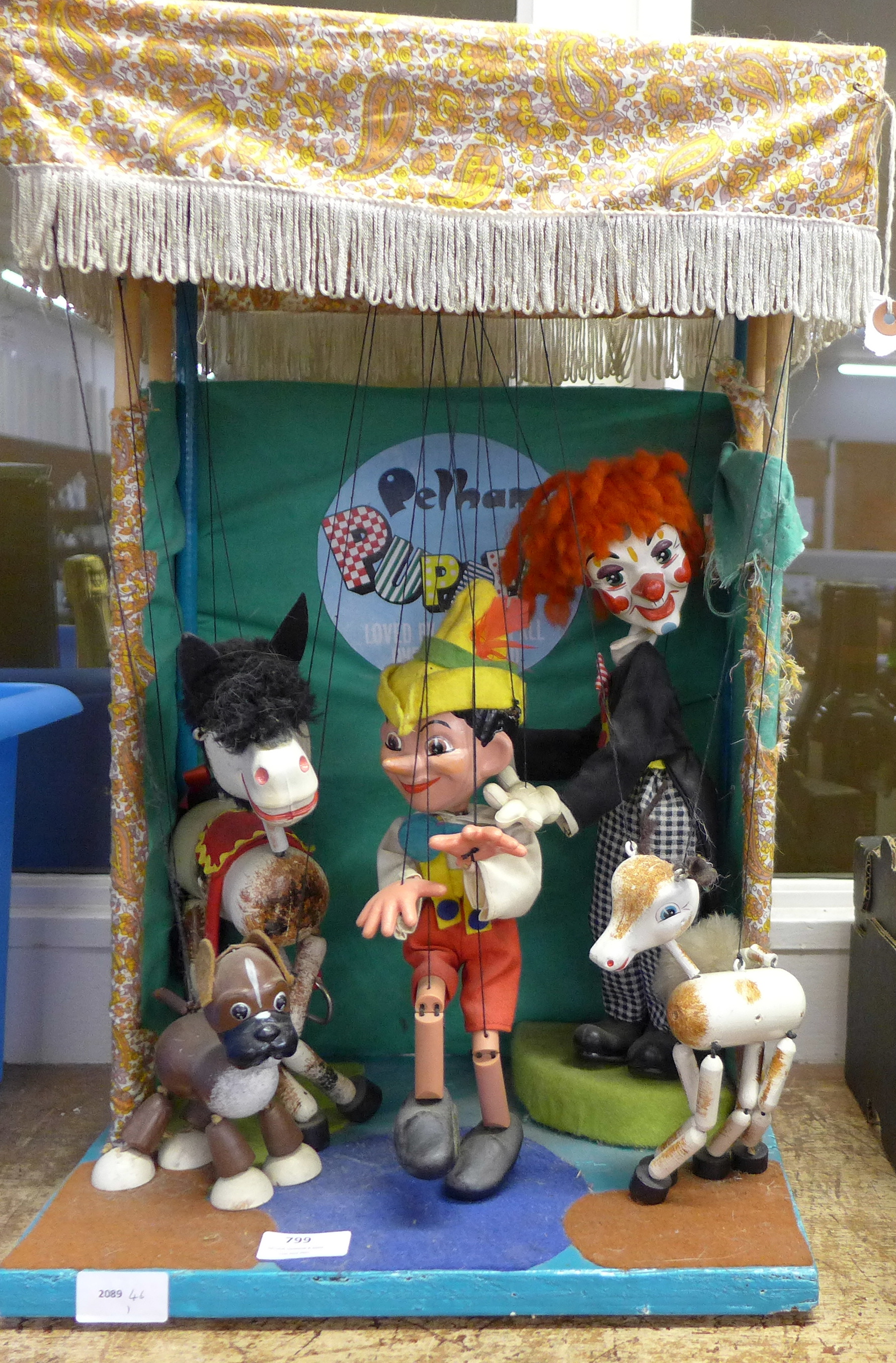 A Pelham Puppet theatre display with five Pelham puppets
