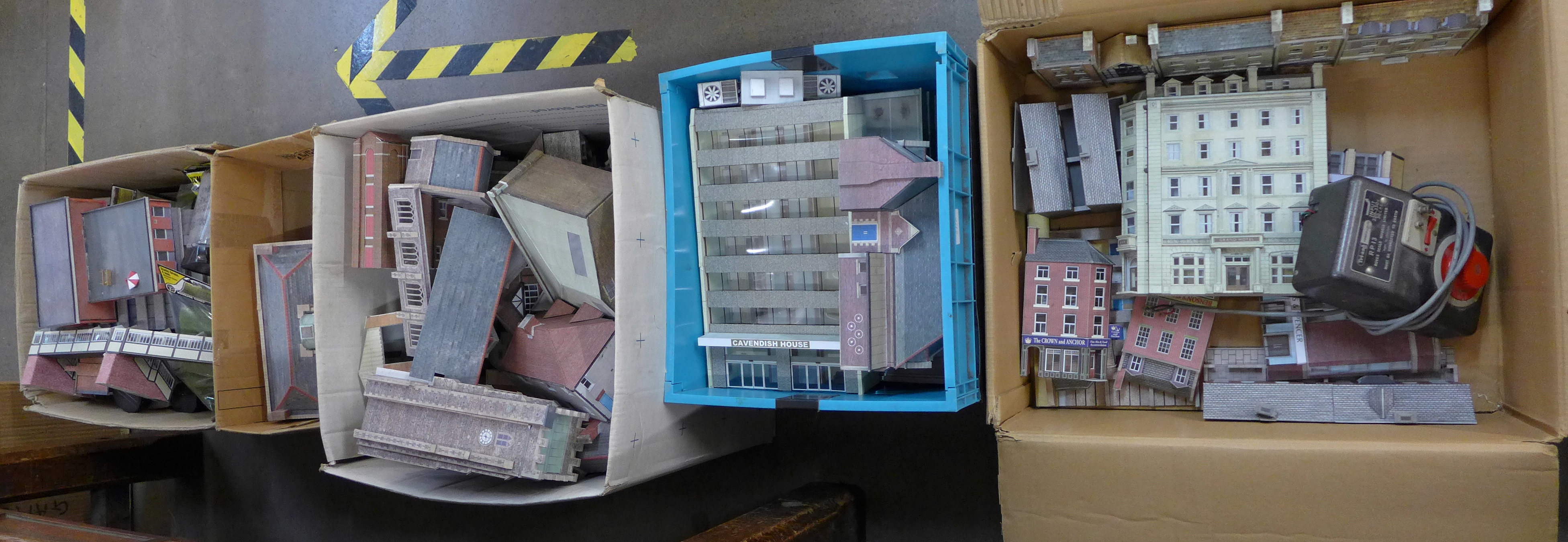 Five boxes of model railway scenery, buildings, accessories, etc. **PLEASE NOTE THIS LOT IS NOT