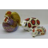 Three Royal Crown Derby Paperweights - 'Cockerel', date code for 1993, Gold stopper, red printed