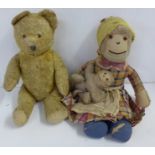 A jointed teddy bear and a mohair monkey with baby