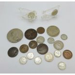 A collection of coins including a Churchill crown, seven silver 3d coins, a 1744 penny, etc. , a/f