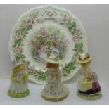 Three Royal Doulton Brambly Hedge figures and a Summer tea plate
