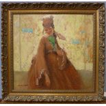 French School, portrait of a lady holding a parrot, oil on board, indistinctly signed, 47 x 49cms,