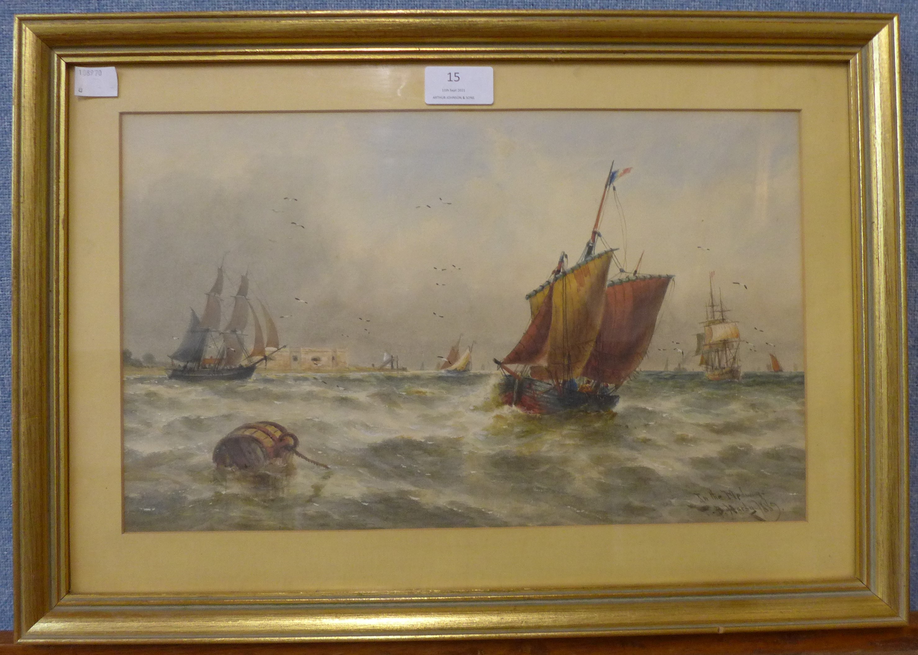 Thomas Bush Hardy (1842-1897), In The Medway, watercolour, dated 1889, 23 x 38cms, framed - Image 2 of 3