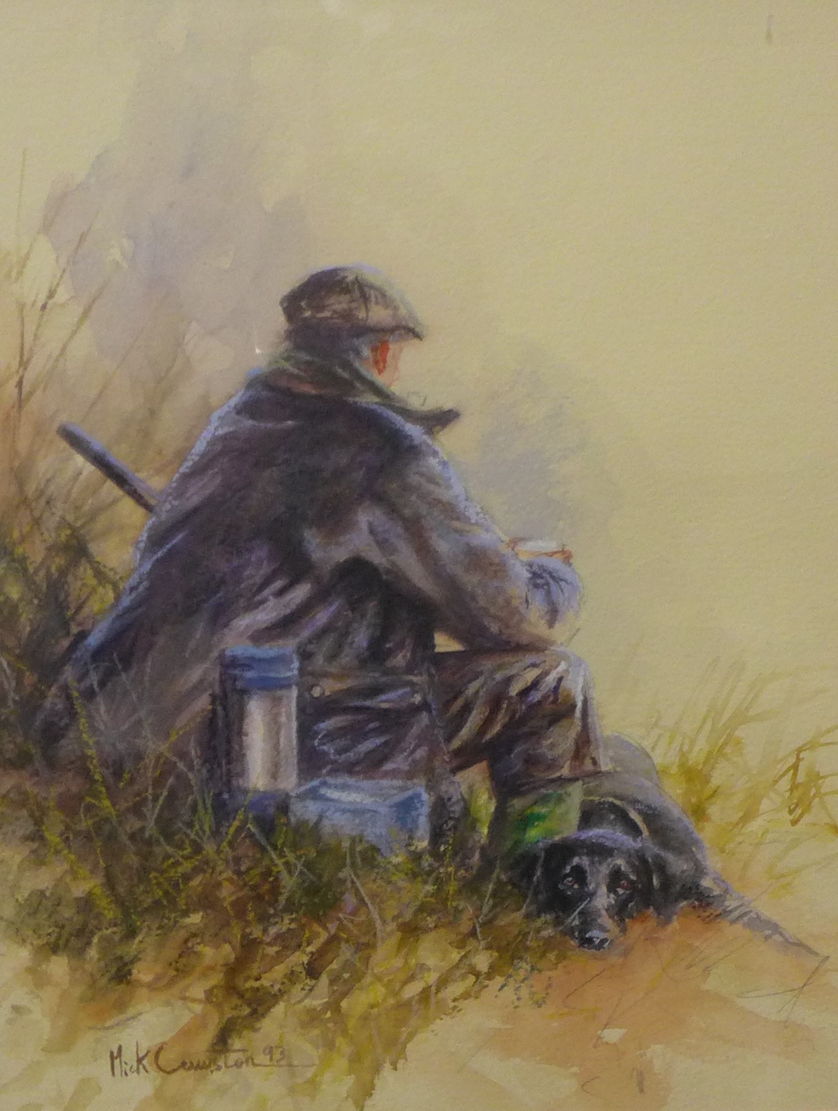 Mick Cawston (1959-2006), huntsman and gun dog, watercolour and pastel, 31 x 24cms, framed