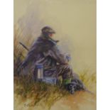 Mick Cawston (1959-2006), huntsman and gun dog, watercolour and pastel, 31 x 24cms, framed