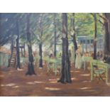 French Post Impressionist School, landscape with figures at an outside cafe, oil on board,