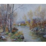 John MacWhirter RA (Scottish 1839-1911), Silver Birches, watercolour, 25 x 31cms, framed