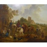 Continental School, figures on horseback by an inn, oil on board, 34 x 42cms, framed