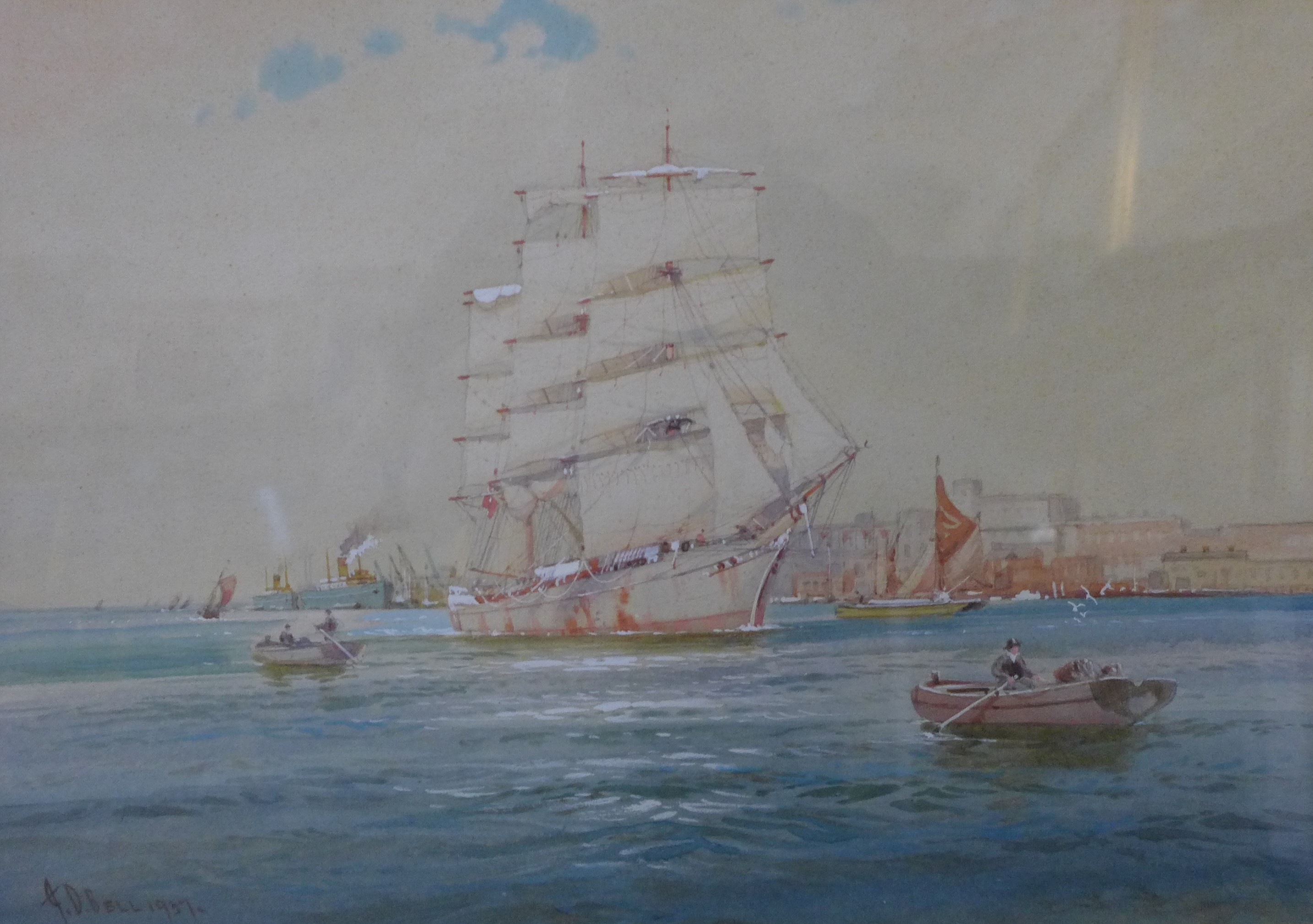 A.D. Bell, three marine scenes, watercolour, framed