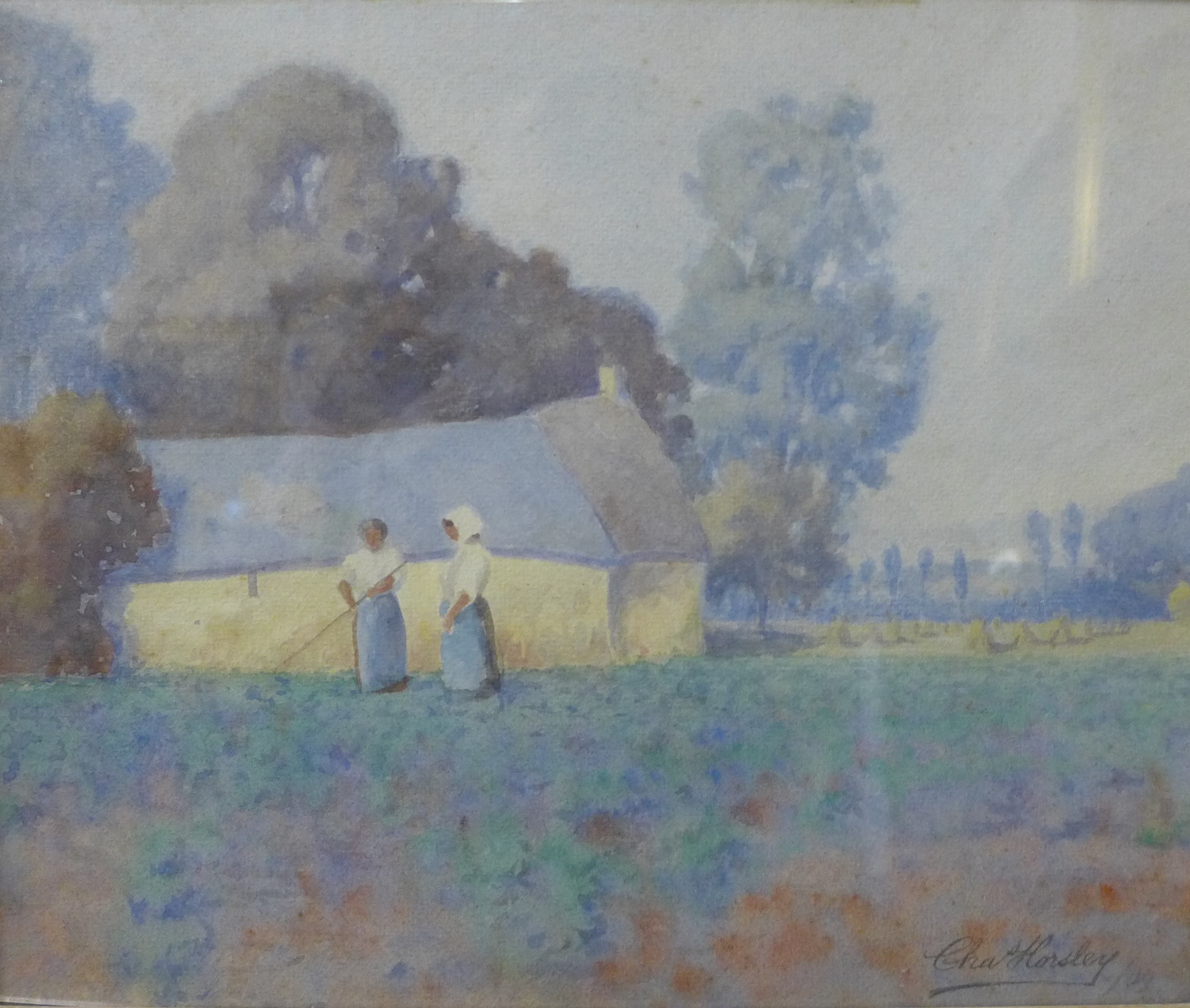 Manner of Walter Charles Horsley (1855-1921), two maids in a field, watercolour, dated '09, 26 x