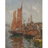 Gyrth Russell (1892-1970), boats in a harbour, oil on canvas, 75 x 60cms, framed