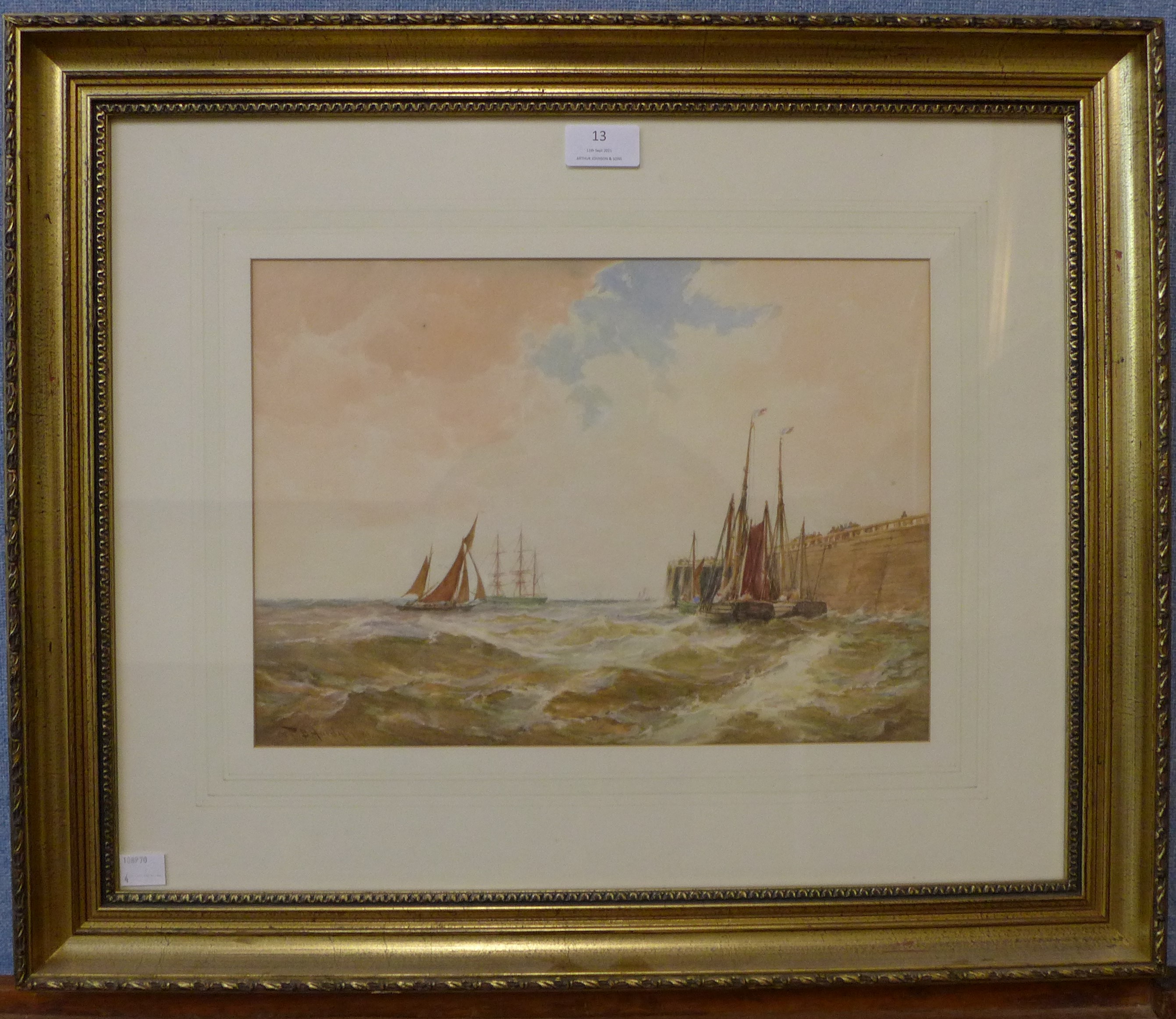 Thomas Bush Hardy (1842-1897), Boats by a Harbour, watercolour, dated 1891, 25 x 35cms, framed - Image 2 of 3