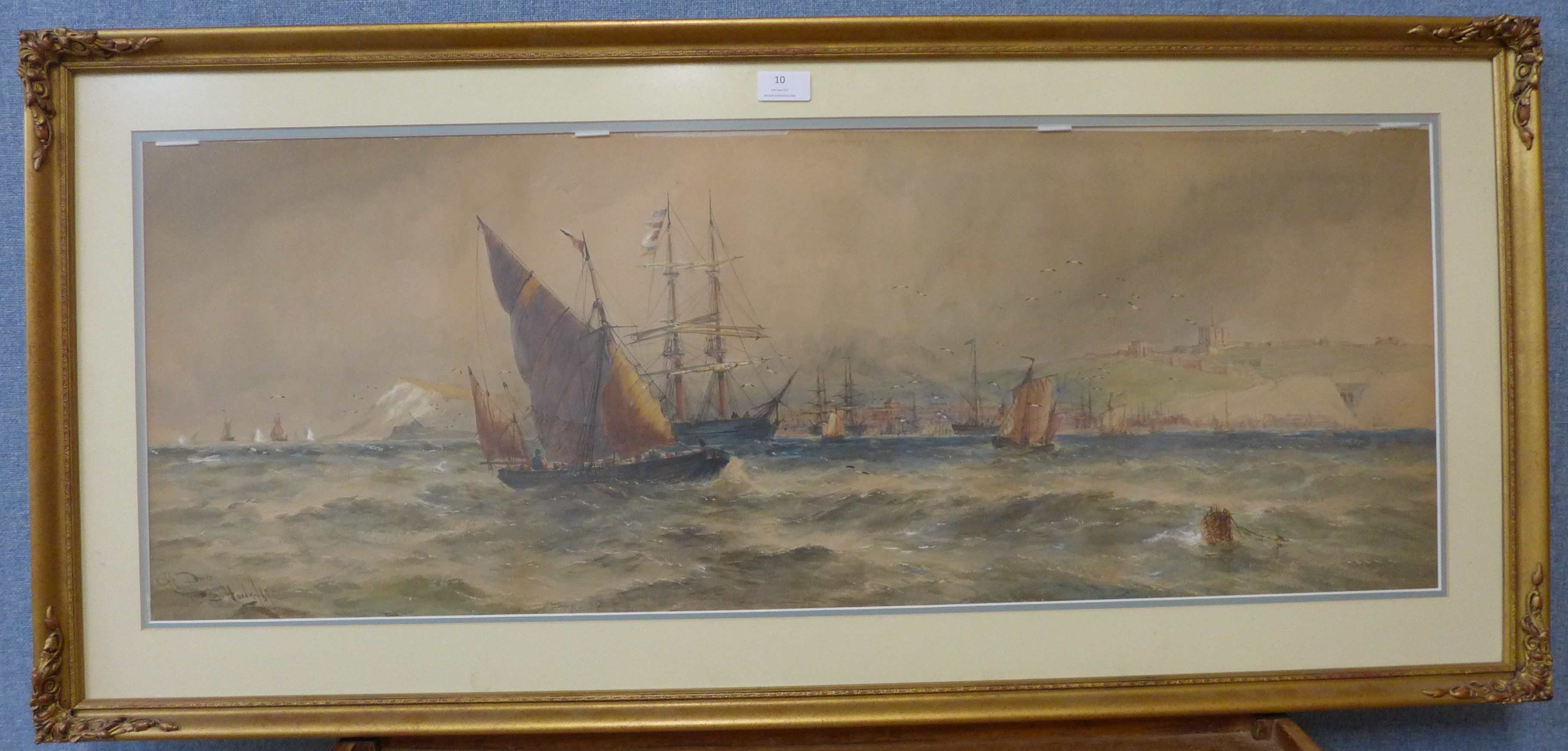 Thomas Bush Hardy (1842-1897), Off Dover, watercolour, dated 1890, 34 x 95cms, framed - Image 2 of 3