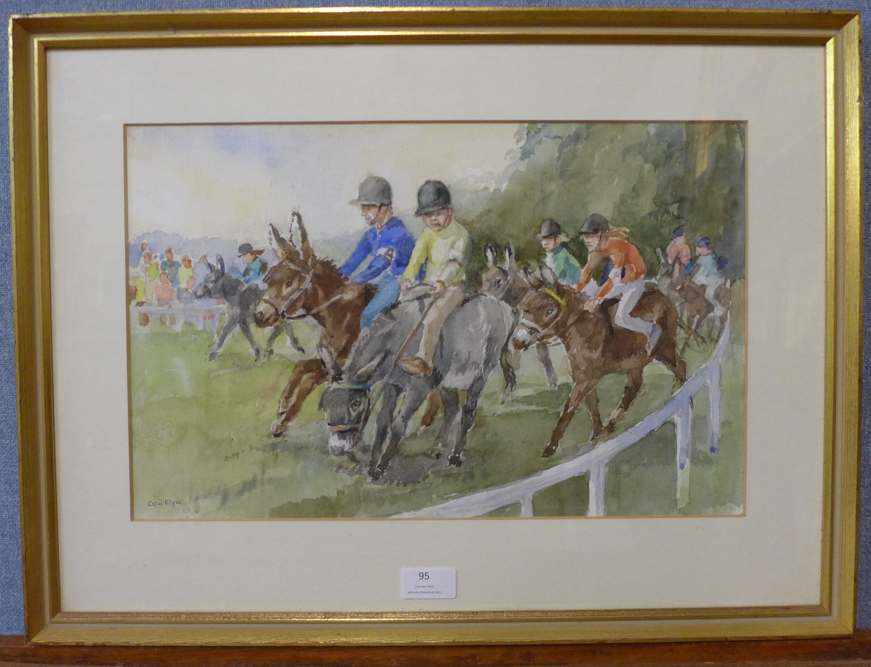 Cecil Elgee (mid 20th Century), The Donkey Derby, watercolour, 27 x 43cms, framed - Image 2 of 3