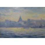 Herman Hagg, boats on the River Thames with St. Pauls Cathedral in the distance, oil on board, 17