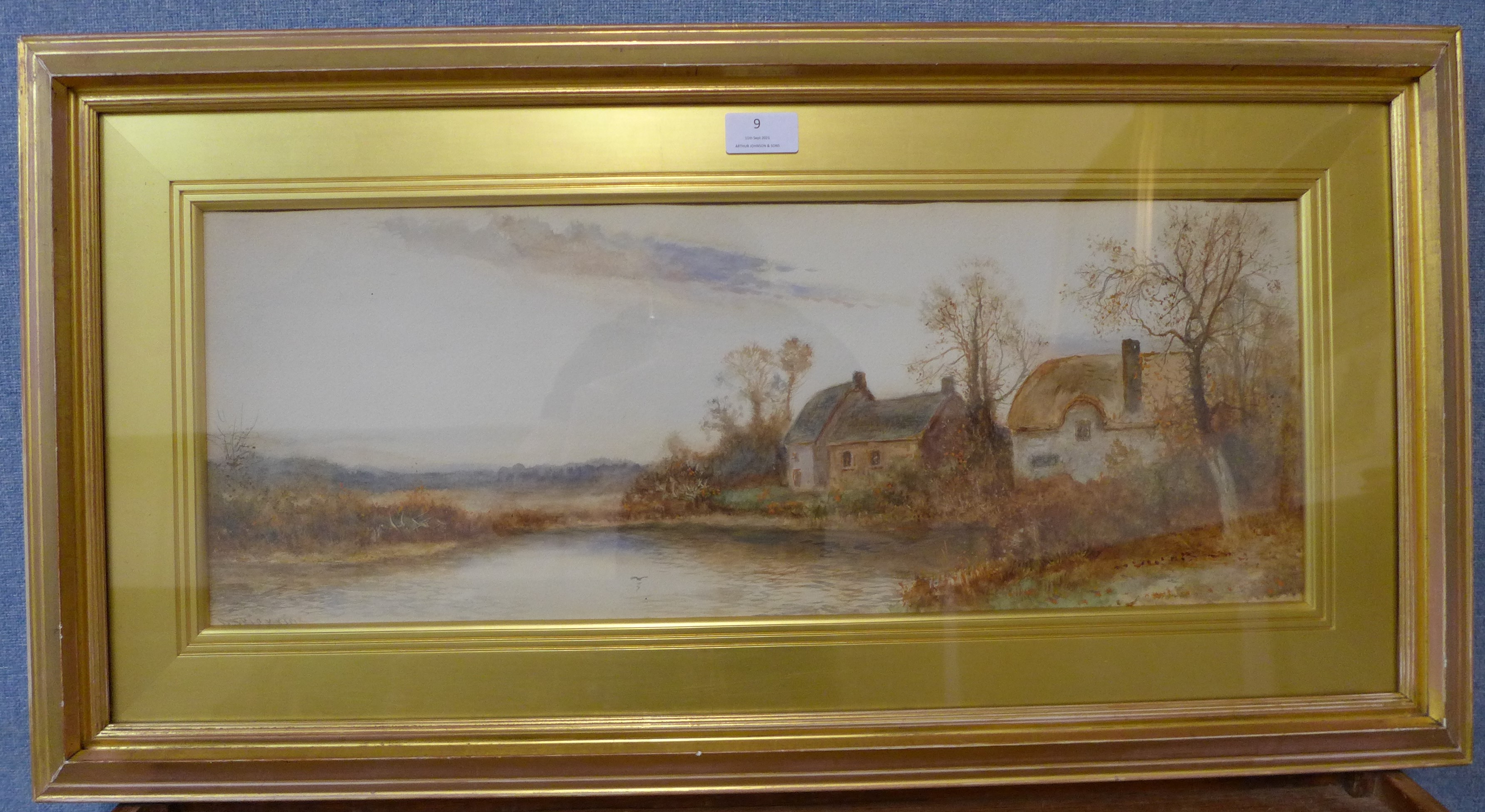 Daniel Sherrin (1868-1940), cottage landscape, watercolour, 22 x 58 cms, framed