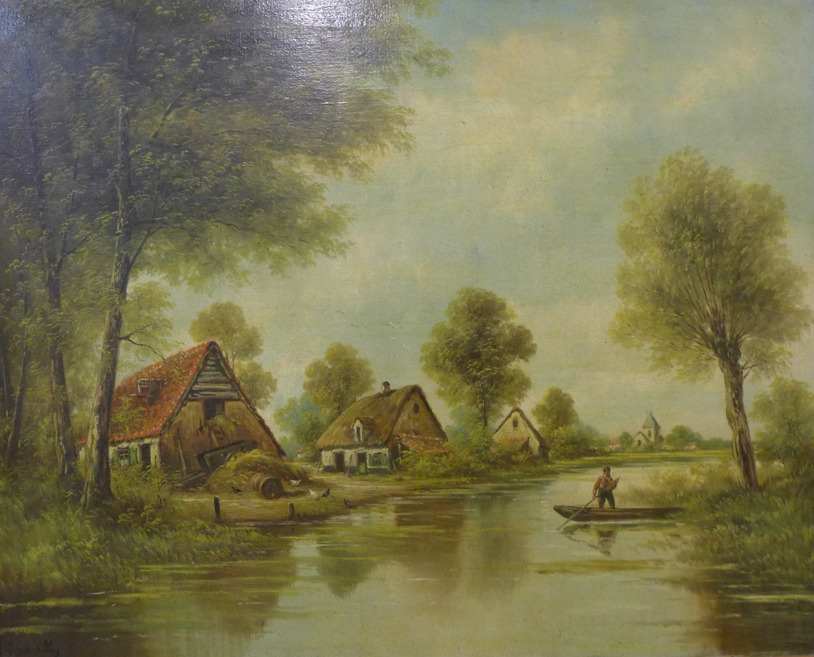 Flemish School, river landscape with figure on a boat, 79 x 98cms, framed