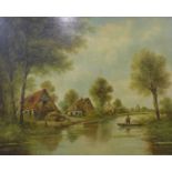 Flemish School, river landscape with figure on a boat, 79 x 98cms, framed