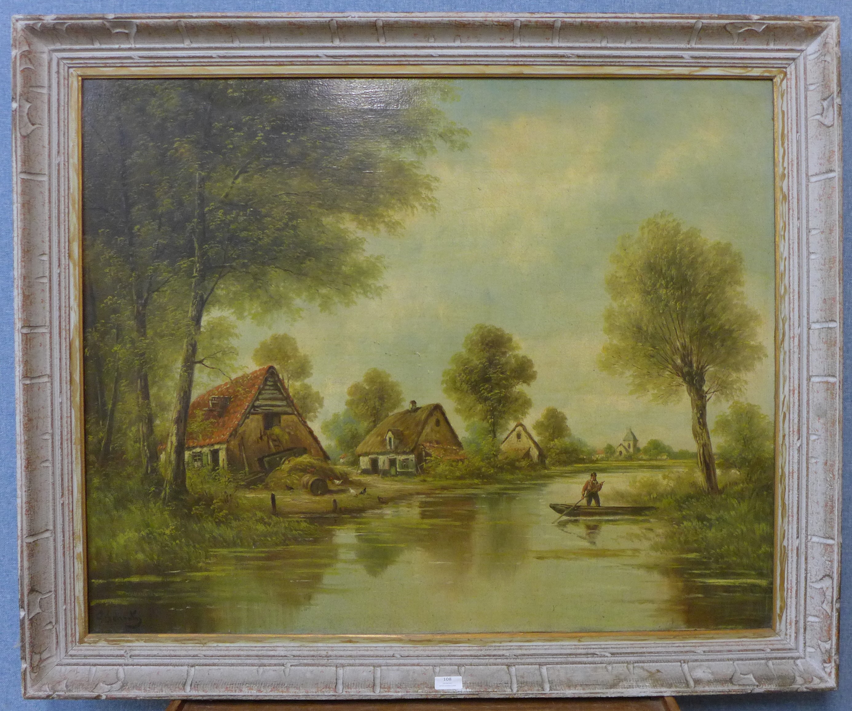 Flemish School, river landscape with figure on a boat, 79 x 98cms, framed - Image 2 of 3