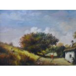 English School (late 19th/early 20th Century), rural landscape with figures by a cottage, oil on