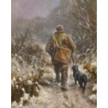 Mick Cawston (1959-2006), huntsman and gun dog in a winter landscape, oil on canvas, 50 x 40cms,