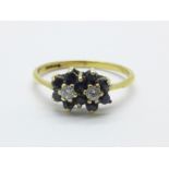 A 9ct gold, sapphire and white stone ring, 1.3g, M