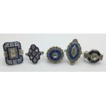 Five Art Deco style dress rings, 3 x L, M and O