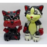 A Lorna Bailey Mephisto the (devil) Cat and Ali the Cat, signed on the base, 13cm and 14.5cm