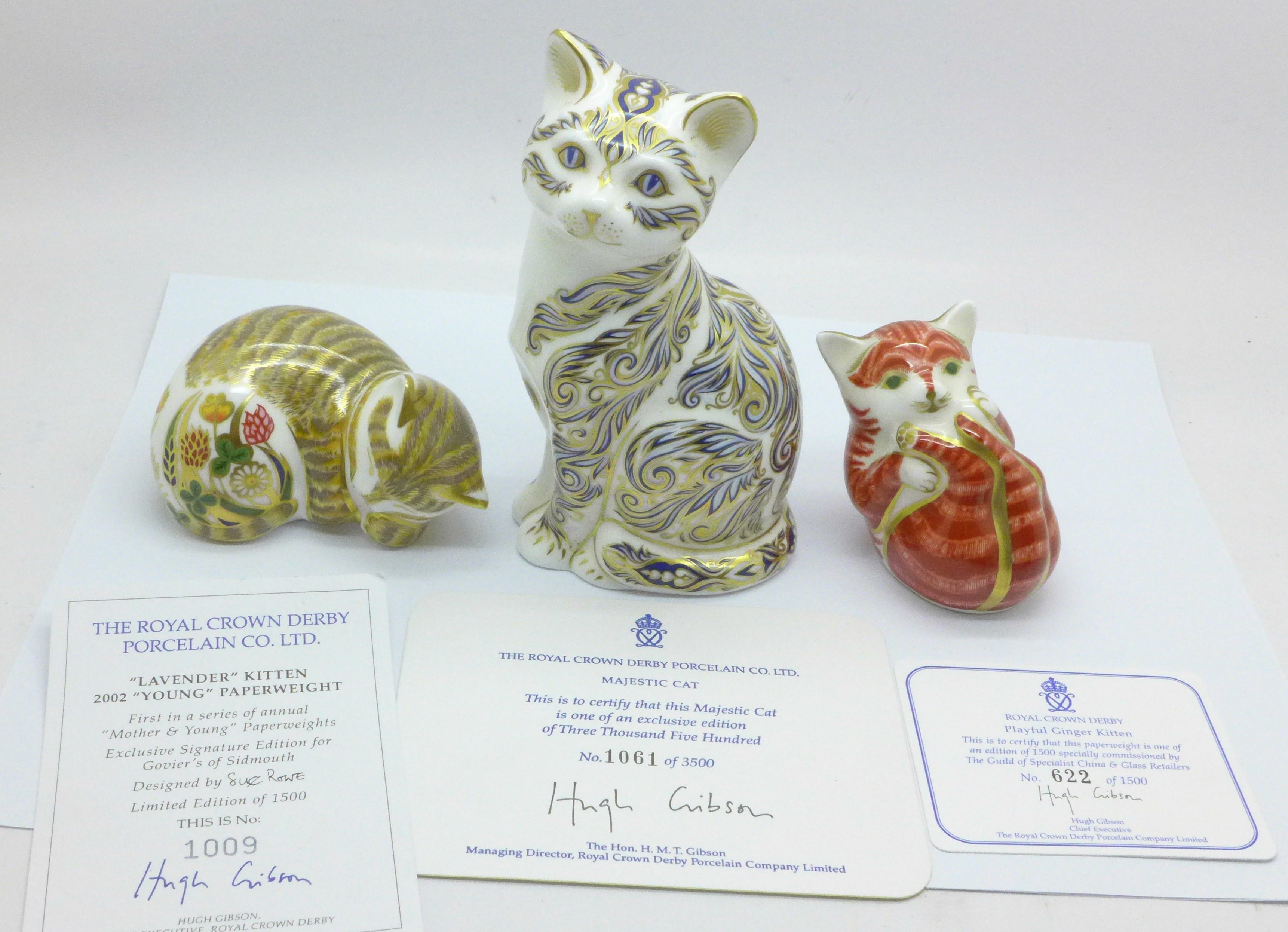 Three Royal Crown Derby paperweights, Majestic Cat, 1061 of 3500, silver stopper, Playful Ginger - Image 2 of 12