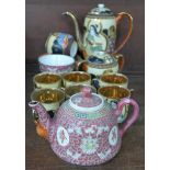 An oriental six setting tea service, one saucer a/f, a teapot and two tea bowls, one a/f