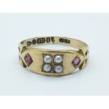 A late Victorian 9ct gold, ruby and pearl ring, Chester 1892, 1.8g, O