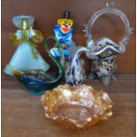 A Murano glass clown, lady, basket, fish vase and other glass